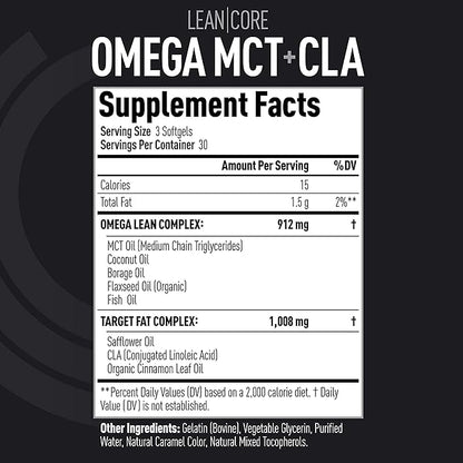 Lean CORE Omega MCT + CLA - Stimulant Free Health Formula, Lean Muscle & Toned Physique, Omega 3-6-9 Fatty Acids - Flaxseed Fish Oil- Coconut Oil- Keto Friendly 30 Day Supply (90 Softgels)