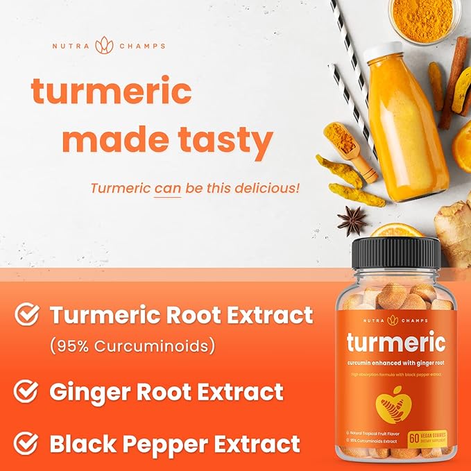 Turmeric Gummies for Adults & Kids with Ginger & Black Pepper Extract | 95% Curcuminoids | Vegan Natural Curcumin Joint Support | 120 Tumeric Gummy Supplements (2-Pack of 60)