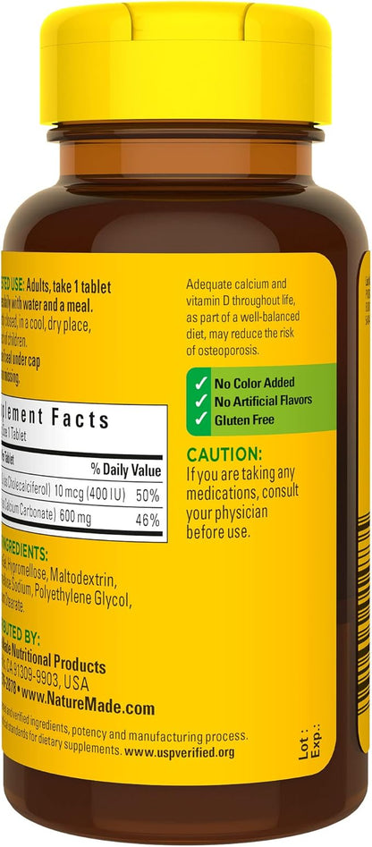 Nature Made Calcium 600 mg with Vitamin D3, Dietary Supplement for Bone Support, 60 Tablets