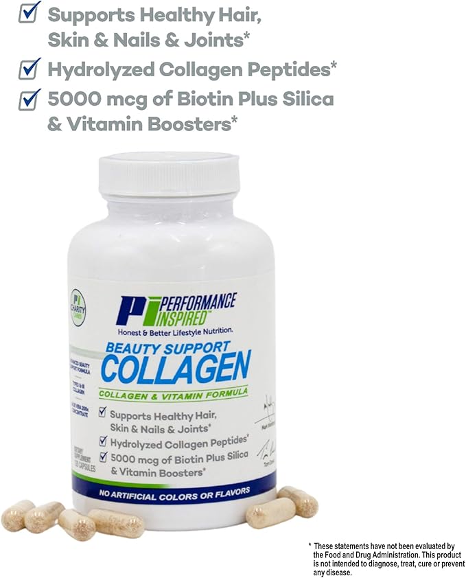 Performance Inspired Nutrition Collagen Joint/Skin/Nails/Beauty Support Capsules - Contains 5,000mcg of Biotin - Silica - Aloe Vera - Collagen Peptides - Hydrolyzed Acid – All-Natural - Big 120 Ct
