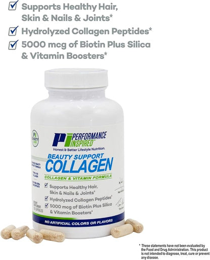 Performance Inspired Nutrition Collagen Joint/Skin/Nails/Beauty Support Capsules - Contains 5,000mcg of Biotin - Silica - Aloe Vera - Collagen Peptides - Hydrolyzed Acid – All-Natural - Big 120 Ct