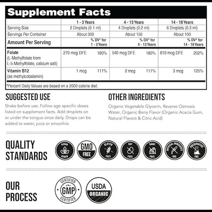 Organic Kids Methylfolate + Methyl B12 Cofactor - Organic Berry Flavor, Sublingual Form - 5-MTHF Form, Superior Form of Folate - Adjustable Dosing for All Ages - Mood, Behavior, Cognition - 1 oz.