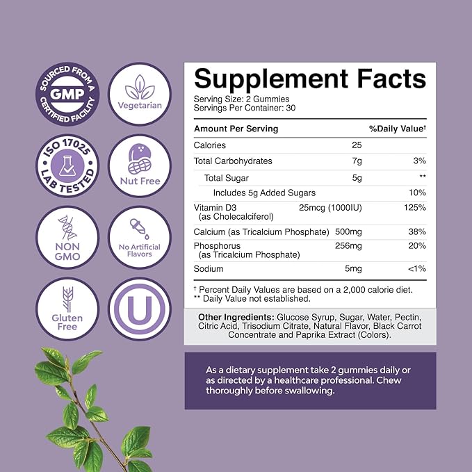 High Absorption Calcium Gummies with Vitamin D3 - Delicious Calcium 500 mg Gummies for Adults - Chewable Calcium and Vitamin D Supplement for Bone Health & Immune Support - Gelatin-Free 60ct (1 Pack)