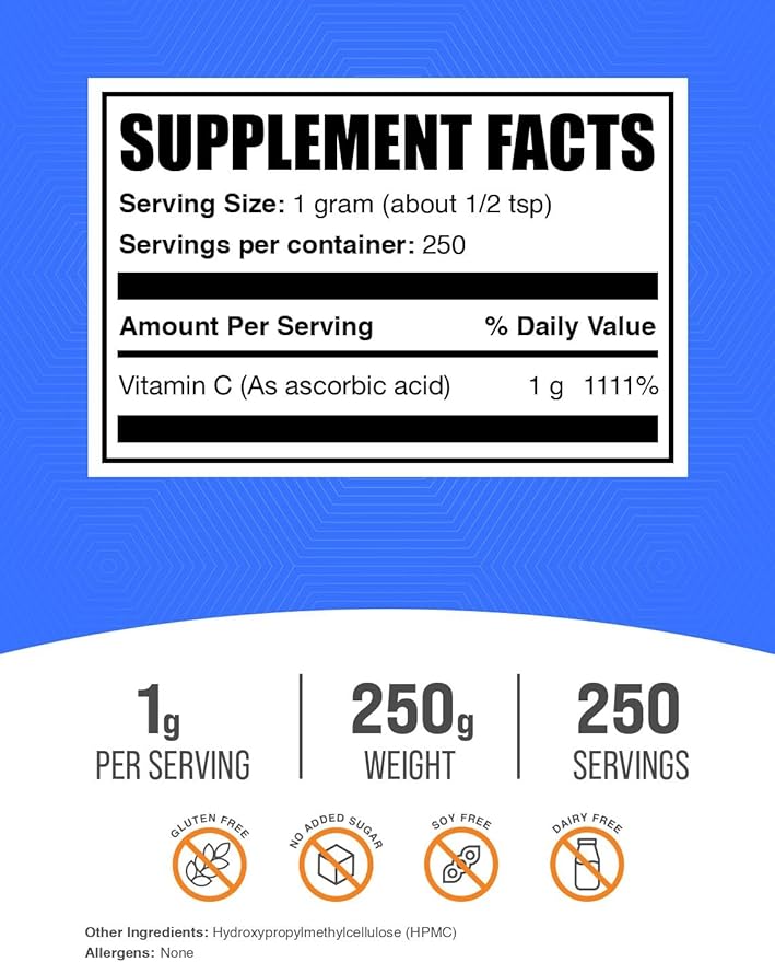 BulkSupplements.com Ascorbic Acid Powder - Vitamin C Supplement, Ascorbic Acid Food Grade - Powdered Vitamin C, Immune Support - Gluten Free, 1g per Serving, 250g (8.8 oz) (Pack of 1)
