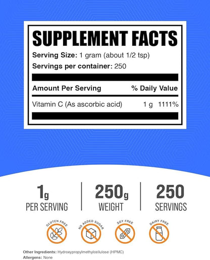 BulkSupplements.com Ascorbic Acid Powder - Vitamin C Supplement, Ascorbic Acid Food Grade - Powdered Vitamin C, Immune Support - Gluten Free, 1g per Serving, 250g (8.8 oz) (Pack of 1)