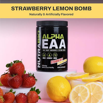NutraBio Alpha EAA - All-Day Perfect Amino Acids for Muscle Growth - Essential Amino Acids - Full Spectrum EAA BCAA Powder- Amino Acid Supplement - 30 Servings - Strawberry Lemon