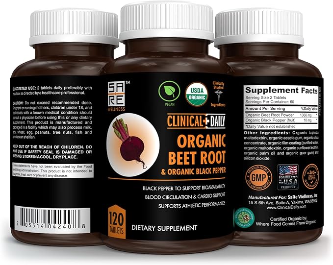 Clinical Daily USDA Organic Beet Root Powder Tablets for Fast Dissolution. 1350mg Beets Blood Circulation Supplements Support Blood Pressure, Energy, High Athletic Performance. Non-GMO 120 Beet Pills