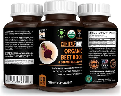 Clinical Daily USDA Organic Beet Root Powder Tablets for Fast Dissolution. 1350mg Beets Blood Circulation Supplements Support Blood Pressure, Energy, High Athletic Performance. Non-GMO 120 Beet Pills