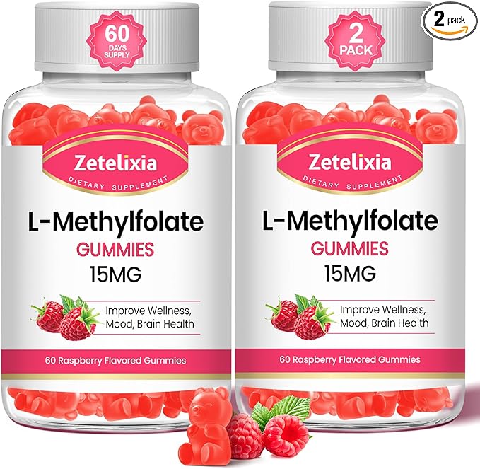 2 Pack L-Methylfolate 15mg Gummies, Methylated Multivitamin with Methylated B12, Active 5-MTHF Form, Supports MTHFR Mutation, Methylation, Mood & Cognition, Vegan, Raspberry Flavor, 120 Cts