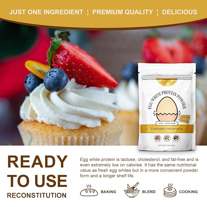 Orgnisulmte Egg White Protein Powder 8 Oz, Pasteurized Dried Egg Whites Protein, Gluten-Free, Non-GMO, Unflavored, Free Range High Whip for Baking, Desserts 227g
