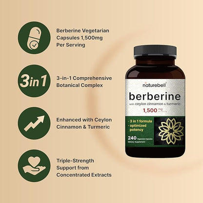 Berberine Supplement 1500mg, 240 Veggie Capsules | Plus 1000mg True Ceylon Cinnamon & 300mg Turmeric Root – 97% Berberine HCL – Plant-Based, Vegan, Non-GMO