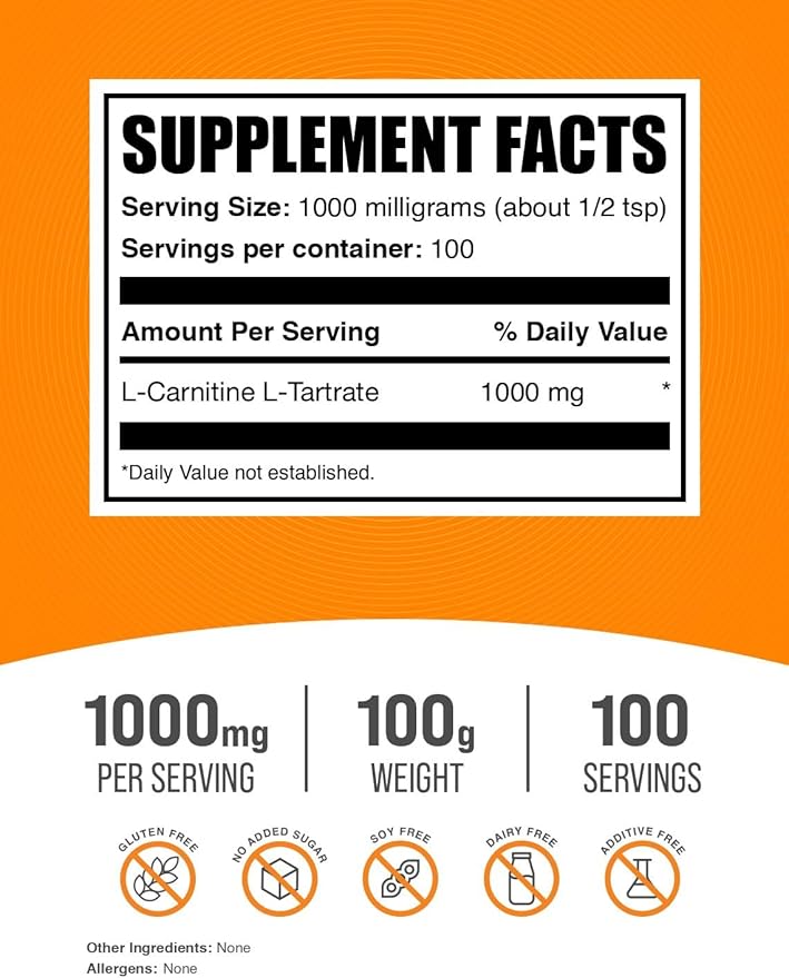 BulkSupplements.com L-Carnitine Tartrate Powder - Carnitine Supplement, L-Carnitine L-Tartrate, L Carnitine 1000mg - Unflavored & Gluten Free, 1000mg per Serving, 100g (3.5 oz) (Pack of 1)