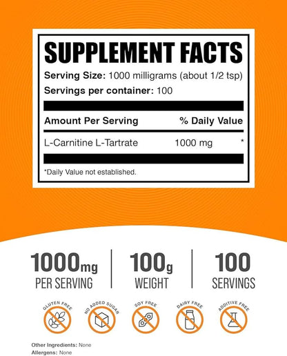 BulkSupplements.com L-Carnitine Tartrate Powder - Carnitine Supplement, L-Carnitine L-Tartrate, L Carnitine 1000mg - Unflavored & Gluten Free, 1000mg per Serving, 100g (3.5 oz) (Pack of 1)