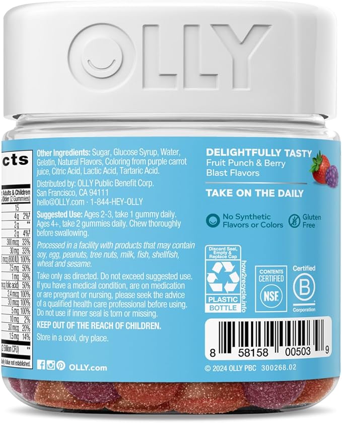 OLLY Kids Multivitamin & Probiotic Gummy, Digestive Support, Vitamins A, D, C, E, B, Zinc, Chewable Supplement, Berry Flavor, 35 Day Supply - 70 Count