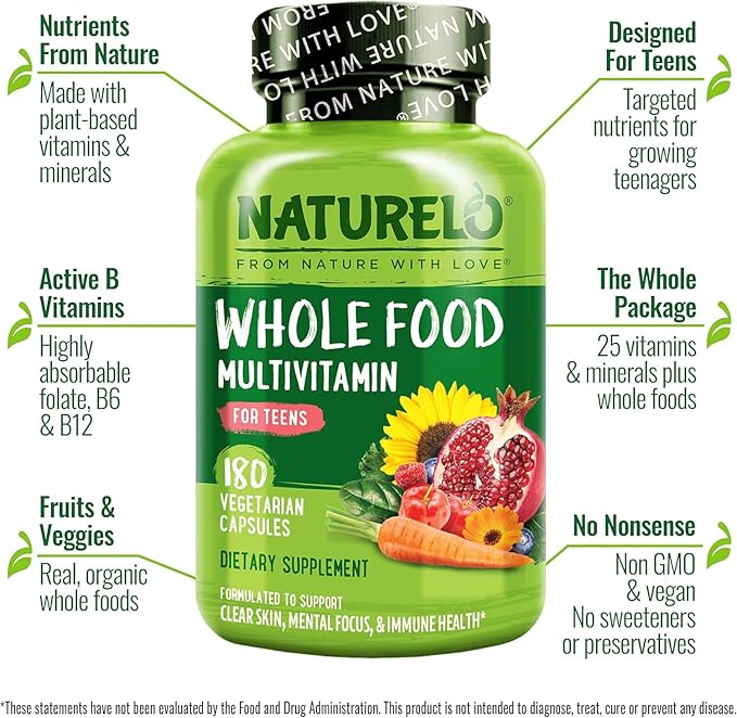 NATURELO Whole Food Multivitamin for Teens - Vitamins and Minerals for Teenage Boys and Girls - Supplement for Active Kids - with Organic Whole Foods - Non-GMO - Vegan & Vegetarian - 180 Capsules
