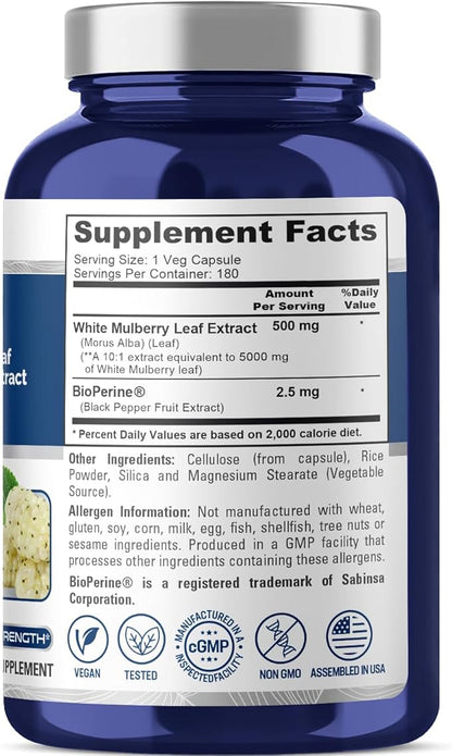 NusaPure White Mulberry Leaf Extract 5,000mg 180 Veggie Caps (Vegetarian, Bioperine)