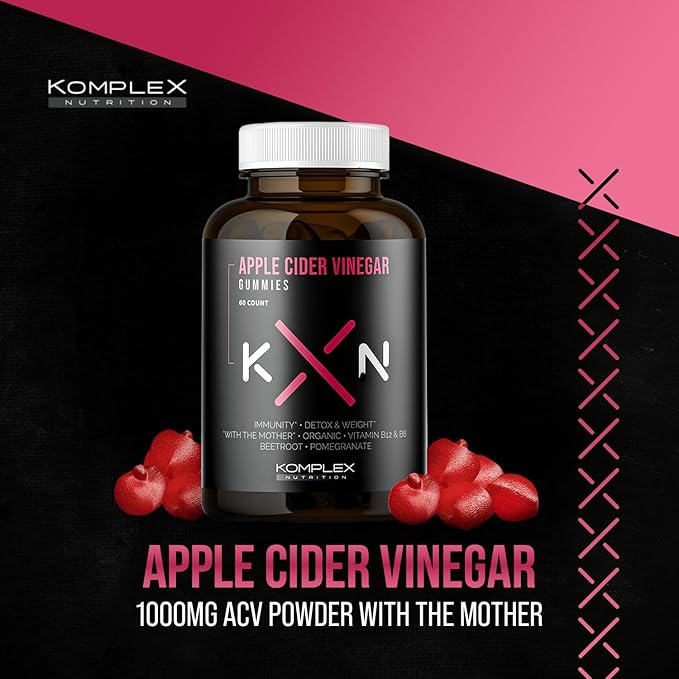 KompleX Nutrition Apple Cider Vinegar Gummies, Improve Digestion, Detox, 1000mg ACV Powder with Mother, 60 Vegan and Gluten-Free Supplement Gummies (ACV GUM)