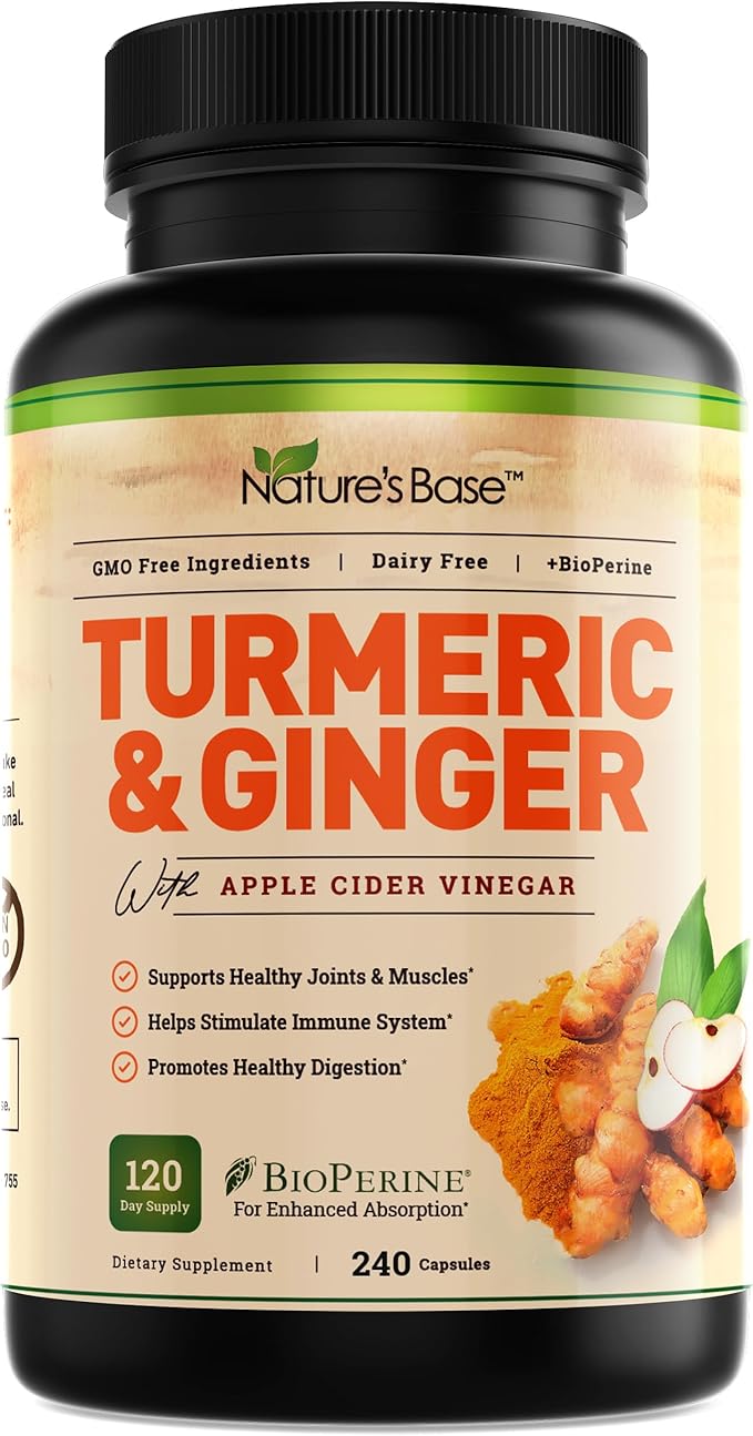 Turmeric Curcumin Supplement with Ginger & Apple Cider Vinegar (240 Count) - BioPerine Black Pepper, Tumeric & Ginger - 95% Curcuminoids & Joint Supplement - Antioxidant Tumeric Supplements Capsules