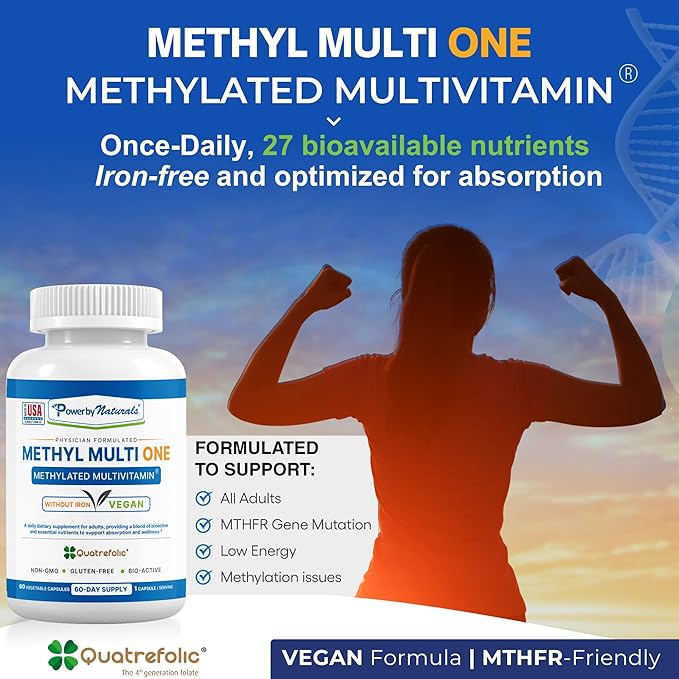 Power By Naturals Methyl Multi One - Methylated Multivitamin with Methylfolate & Methyl B12 for MTHFR Maintenance, 120 Capsules, 4 Month Supply, Made in USA (Packaging May Vary)