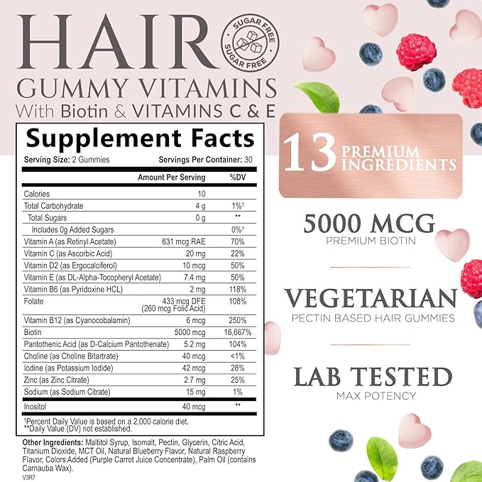 Sugar Free Hair Vitamins Gummies with Biotin 5000 mcg, Vitamin A, B12, C, D, E, Folic Acid, Supports Hair Growth Gummy, Vegetarian Friendly, Supports Strong Beautiful Hair and Nails - 60 Gummies