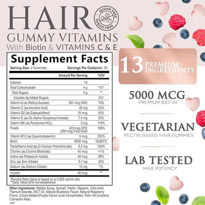 Sugar Free Hair Vitamins Gummies with Biotin 5000 mcg, Vitamin A, B12, C, D, E, Folic Acid, Supports Hair Growth Gummy, Vegetarian Friendly, Supports Strong Beautiful Hair and Nails - 60 Gummies