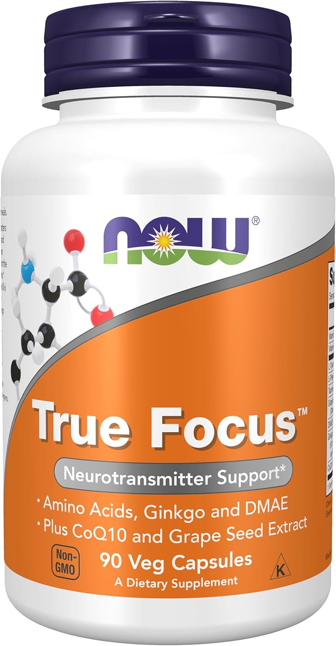 NOW Foods Supplements, True Focus™ with Amino Acids, Ginkgo, DMAE + CoQ10 and Grape Seed Extract , 90 Veg Capsules