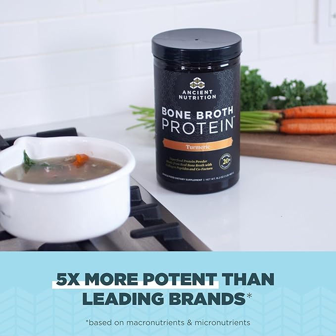 Protein Powder Made from Real Bone Broth by Ancient Nutrition, Turmeric, 20g Protein Per Serving, 20 Serving Tub, Gluten Free Hydrolyzed Collagen Peptides Supplement