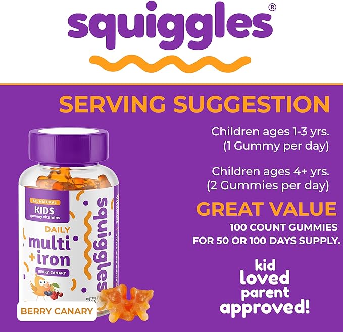 Squiggles Kids Multivitamin + Iron Gummies 100ct. | All-Natural, Low Sugar, and Super Yummy | Broad Spectrum of Vitamins and Minerals with a Boost of Iron.