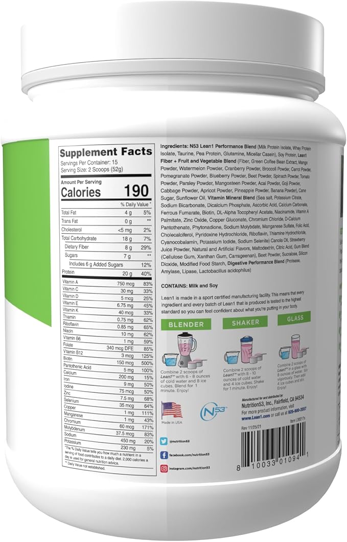 Nutrition 53 Lean 1 Meal Replacement Powder for Weight Loss, Fat Burner, Appetite Control Regular Tub 2500cc Strawberry (15 Servings)
