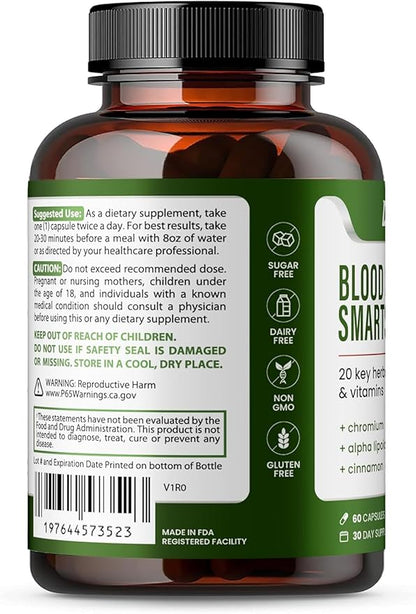 Blood Sugar Smarts Dietary Supplement 20 Key Herbs, Minerals & Vitamins with Chromium, ALA, Cinnamon & Bitter Melon for Men Women Non-GMO Natural (60 Capsules + 1 Portable Container)