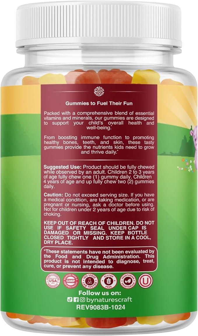 Plant Based Kids Multivitamin Gummies - Multivitamin for Kids Immunity Support Gummies with Vitamins A C D3 E B and Zinc Gelatin and Gluten Free Non-GMO Kids Vitamins Gummy Multivitamin Formula 120ct