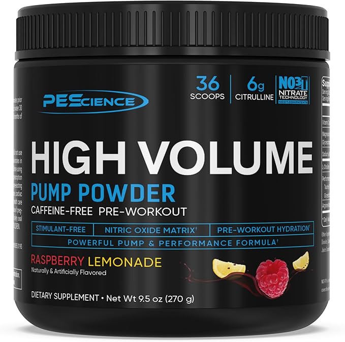 PEScience High Volume Nitric Oxide Booster Pre Workout Powder with L Arginine Nitrate, Raspberry Lemonade, 36 Scoops, Caffeine Free