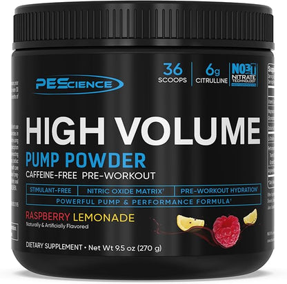 PEScience High Volume Nitric Oxide Booster Pre Workout Powder with L Arginine Nitrate, Raspberry Lemonade, 36 Scoops, Caffeine Free