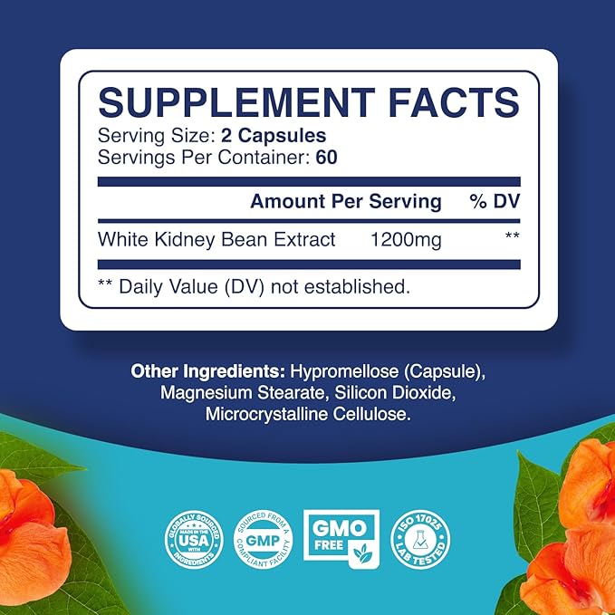 White Kidney Bean Extract Capsules - Ultra High Potency Optimized Extract for Enhanced Energy Digestion and AMPK Activation - Vegan Non-GMO Gluten Free Fiber and Antioxidant Rich Starch Inhibitor