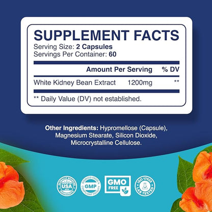 White Kidney Bean Extract Capsules - Ultra High Potency Optimized Extract for Enhanced Energy Digestion and AMPK Activation - Vegan Non-GMO Gluten Free Fiber and Antioxidant Rich Starch Inhibitor