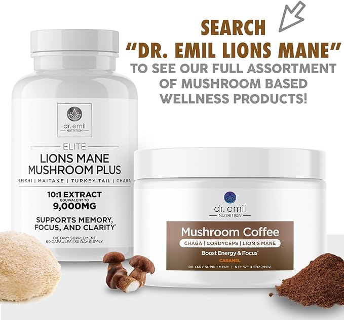 DR. EMIL NUTRITION 9000mg Organic Lions Mane Supplement Capsules with Chaga, Reishi & Maitake - Natural Mushroom Blend for Wellness Support