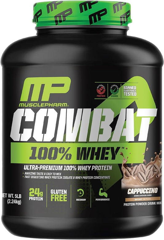 MusclePharm Combat 100% Whey Protein Powder, Cappuccino Flavor, Fast Recovery & Muscle Gain with Whey Protein Isolate, High Protein Powder for Women & Men, Gluten Free, 5 lb, 70 Servings