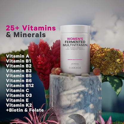 Codeage Women’s Daily Multivitamin, 25+ Vitamins & Minerals, Fermented, Organic Whole Foods, Probiotics Supplement - Vitamin A, Vitamin B, Vitamins C, D, E & K, Omega 3, Zinc – Vegan - 2 Pack
