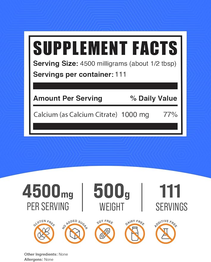 BulkSupplements.com Calcium Citrate Powder - Calcium Citrate Supplement, Calcium Citrate 1000mg - Gluten Free, 4500mg (1000mg Calcium) per Serving, 500g (1.1 lbs) (Pack of 1)