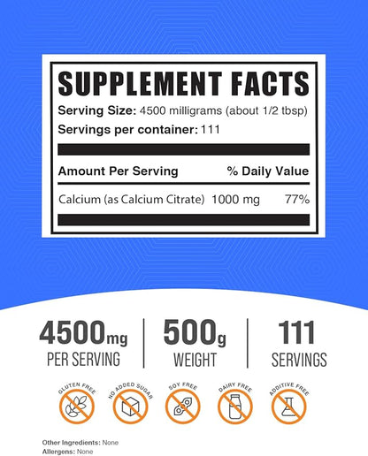 BulkSupplements.com Calcium Citrate Powder - Calcium Citrate Supplement, Calcium Citrate 1000mg - Gluten Free, 4500mg (1000mg Calcium) per Serving, 500g (1.1 lbs) (Pack of 1)