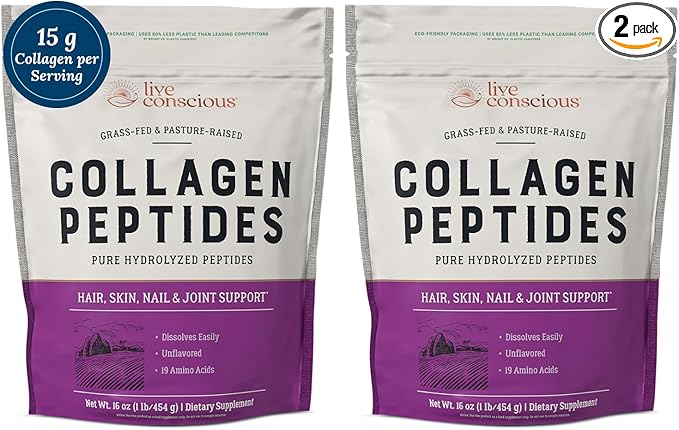 Live Conscious Collagen Peptides Powder - Hair, Skin, Nail, and Joint Support - Type I & III Collagen - Naturally-Sourced Hydrolyzed Protein - 16oz (2-Pack)