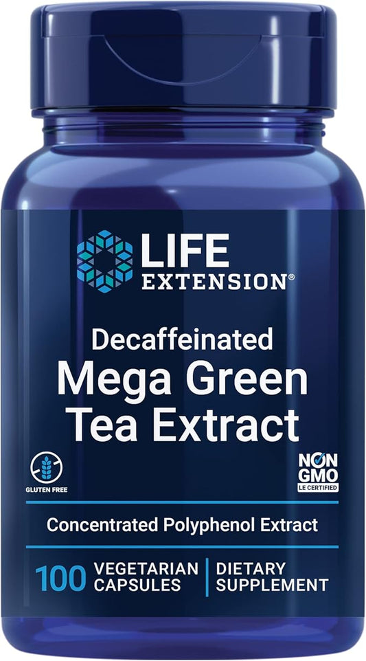 Life Extension Decaffeinated Mega Green Tea Extract – Polyphenol-Rich, Cell Health, Heart Health, Brain Health, Antioxidant Protection – Non-GMO, Gluten-Free, Vegetarian – 100 Capsules