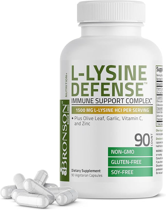 Bronson L-Lysine Defense Immune Support Complex 1500 MG L-Lysine Plus Olive Leaf, Garlic, Vitamin C and Zinc - Non-GMO, 90 Vegetarian Capsules