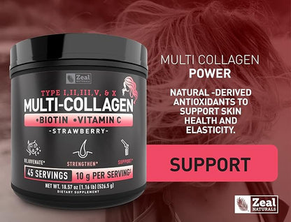 Premium Multi Collagen Peptides Protein Powder (1, 2, 3, 5 & 10) with Vitamin C, Biotin, Hyaluronic Acid, for Hair Skin and Nails - Marine, Bovine, Chicken & Eggshell (Strawberry, 45 Servings)