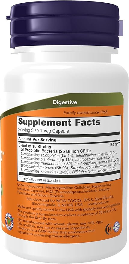 NOW Foods Supplements, Probiotic-10™, 25 Billion, with 10 Probiotic Strains, Dairy, Soy and Gluten Free, Strain Verified, 50 Veg Capsules