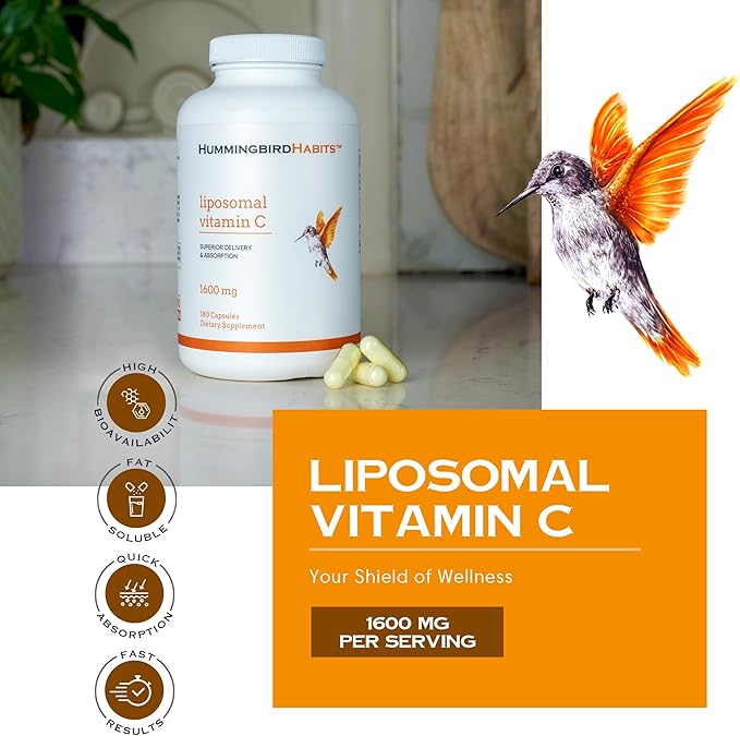 Liposomal Vitamin C 1600mg, High Absorption Vitamin C for Immune Support, Fat Soluble VIT C Antioxidant Supplement for Collagen Synthesis, Joint Support & Skin Appearance, 180 Vegan Capsules
