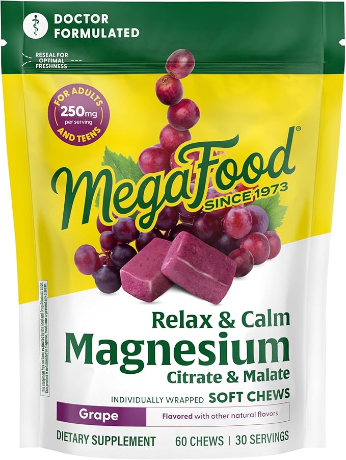 MegaFood Relax + Calm Magnesium Supplement - Soft Chews with Magnesium Citrate & Magnesium Malate for Heart Health, Muscle Tension & More - Vegetarian - Grape-Flavor - 60 Chews (30 Servings)