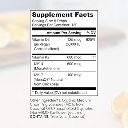 Vegan D3 + K2 Organic 100% Liposomal | 180 Servings | Maximum Absorption Vitamin D3 and Vitamin K2 Supplements for Men and Women, D3 Vitamin 5000 IU, Liquid Vitamin D3 with K2 - 20 mL Bottle