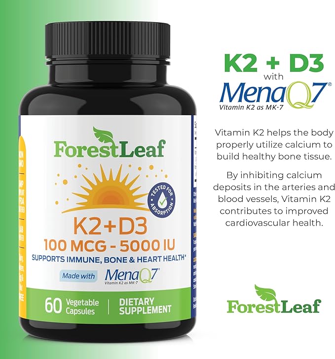 ForestLeaf Vitamin D3 + K2 (MK7) Supplement - MenaQ7 - Calcium and Vitamin D3 5000 IU Max Absorption - Teeth and Bone Strength, Heart Health, Immune System Support - 60 Veggie Capsules