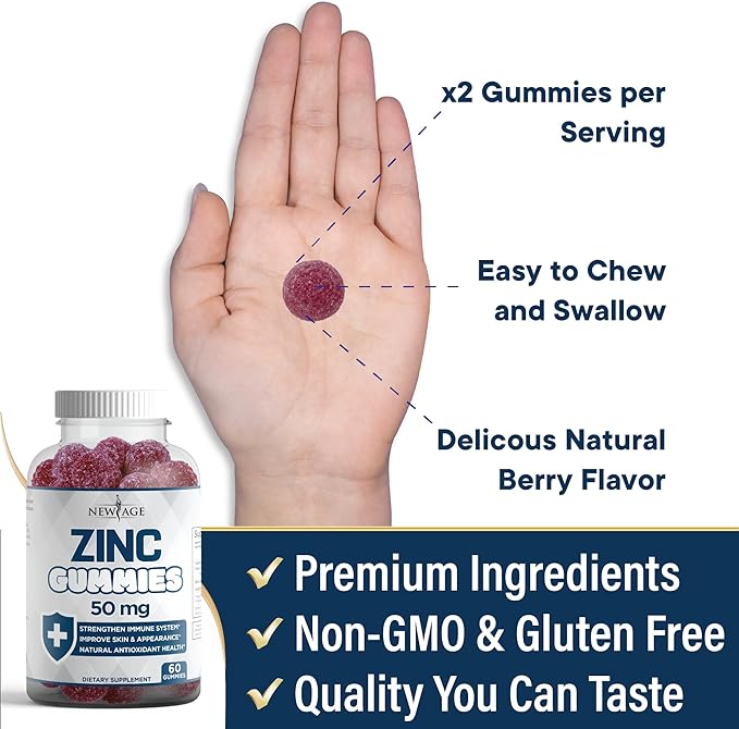 NEW AGE Zinc Gummies - 50mg High Immune Booster Zinc Supplement, Immune Defense, Powerful Natural Antioxidant, Non-GMO 180 Count (Pack of 3)